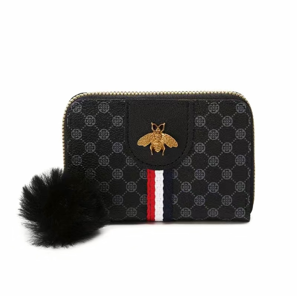 Women's Zipper Small Wallet Black and Gold Bee Coin Purse